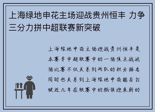 上海绿地申花主场迎战贵州恒丰 力争三分力拼中超联赛新突破