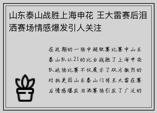 山东泰山战胜上海申花 王大雷赛后泪洒赛场情感爆发引人关注